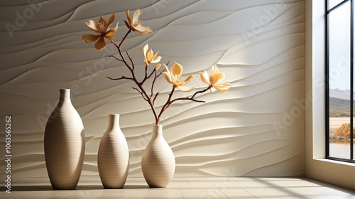 Simple Minimalist Interior Design with Beige Vases and Creamy Yellow Flowers on a Wavy Wall
