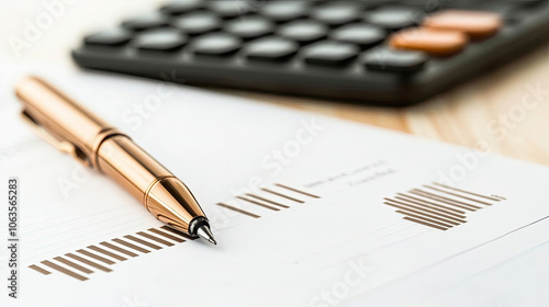 Close-up of a fountain pen on financial documents with graphs, next to a calculator, symbolizing finance and accounting concepts. photo