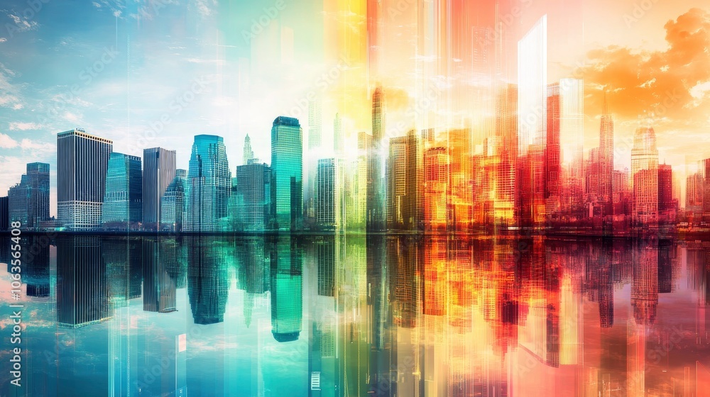 City skyline blended with holographic digital patterns, photorealistic urban scene City skyline blended with holographic digital patterns, photorealistic urban scene