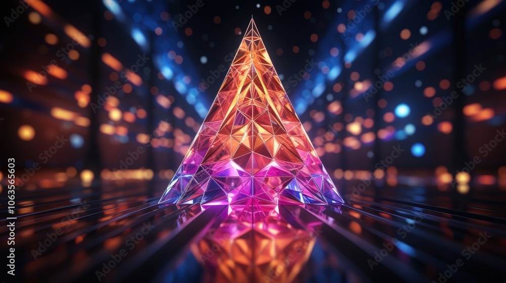 A radiant iridescent crystal pyramid sits atop a metallic surface, bathed in vibrant hues of orange and purple light reflecting off its facets. A radiant iridescent crystal pyramid sits atop a metallic surface, bathed in vibrant hues of orange and purple light reflecting off its facets.