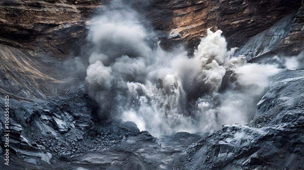 Dramatic Blasting and Excavation in Open-Pit Coal Mine Landscape Dramatic Blasting and Excavation in Open-Pit Coal Mine Landscape