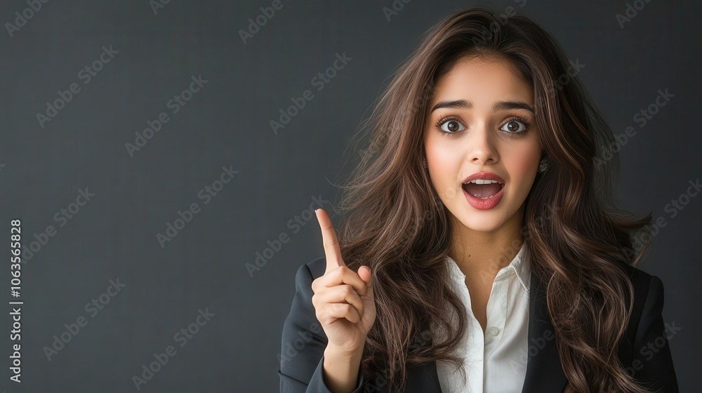 Surprised woman in business attire pointing and expressing an idea, showcasing enthusiasm and engagement against a dark background. Surprised woman in business attire pointing and expressing an idea, showcasing enthusiasm and engagement against a dark background.