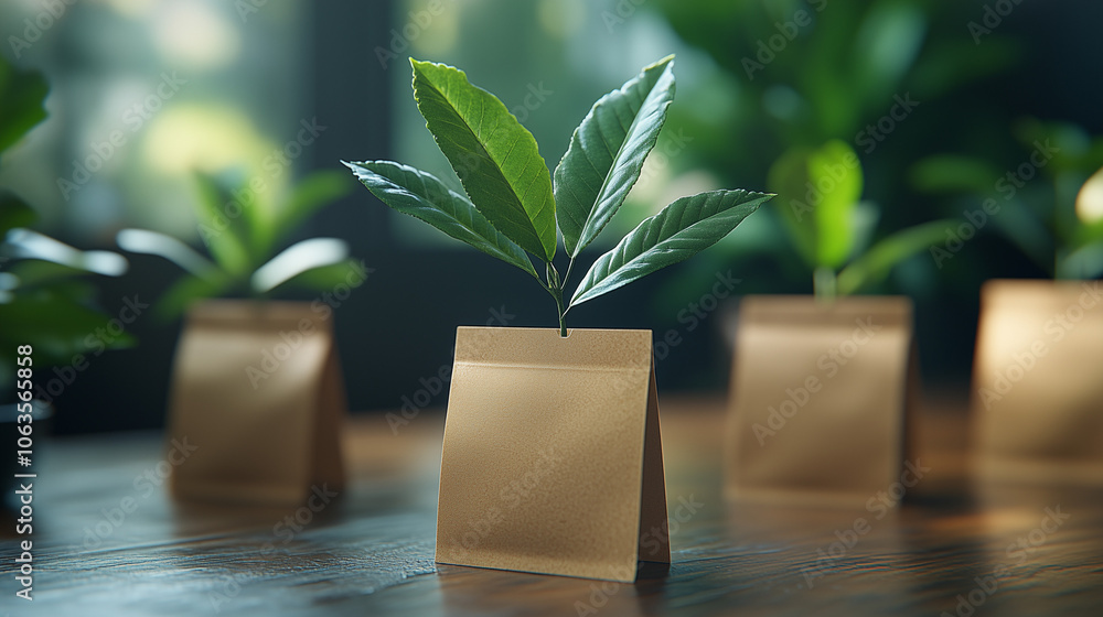 Sustainable Growth: Eco-Friendly Packaging with Sprouting Plant. Sustainable Growth: Eco-Friendly Packaging with Sprouting Plant.