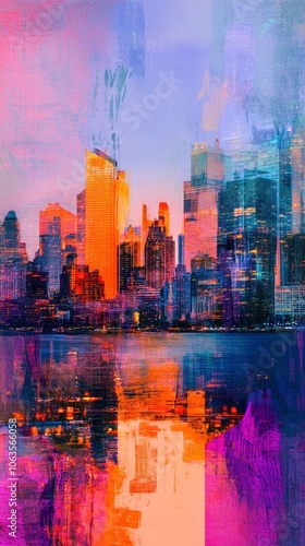 City skyline blended with holographic digital patterns, photorealistic urban scene photo