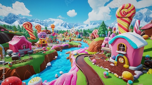 A whimsical candy village with houses, mountains, and a river made of chocolate.
