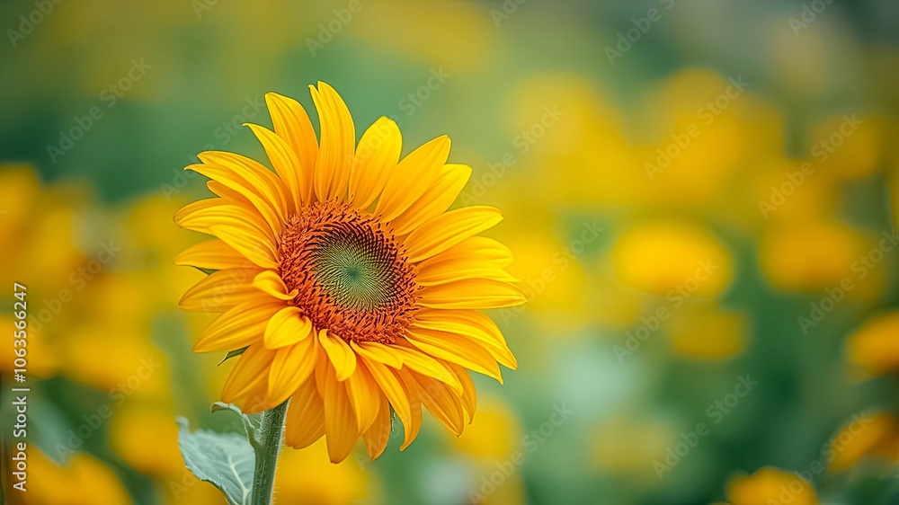 Fototapeta premium A Single Sunflower Stands Tall in a Field of Golden Blooms, Bathed in Soft Light