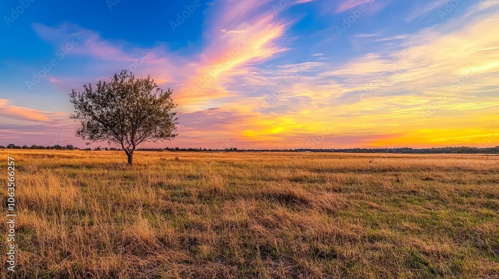 A lone tree stands tall in a field of golden grass under a vibrant sunset sky. A lone tree stands tall in a field of golden grass under a vibrant sunset sky.