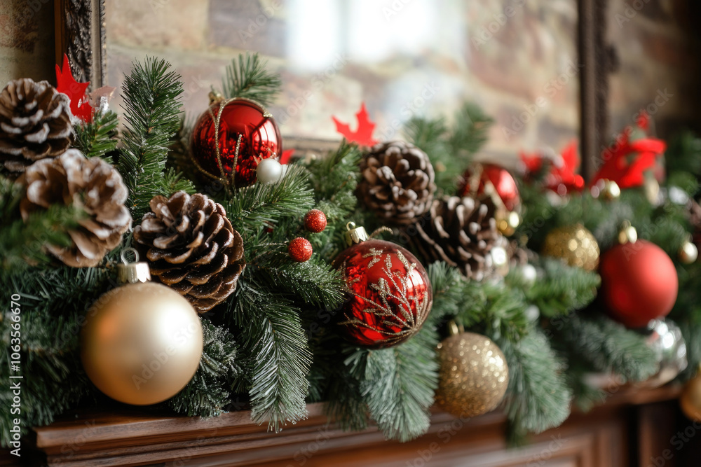 A festive Christmas decoration featuring lush green branches adorned with pine cones, red ornaments, and shimmering gold baubles, evoking holiday cheer and warmth. A festive Christmas decoration featuring lush green branches adorned with pine cones, red ornaments, and shimmering gold baubles, evoking holiday cheer and warmth.