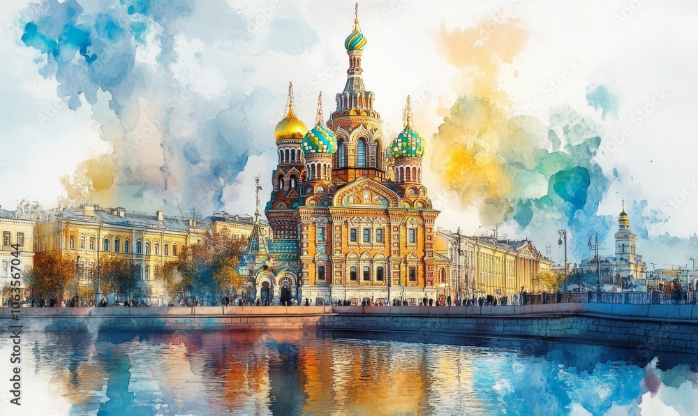 Fototapeta premium Watercolor Church of the Saviour on Spilled Blood, St. Petersburg, Russia