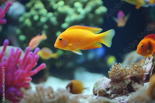 A tropical fish tank filled with fish of every bright color, swimming among equally colorful coral reefs