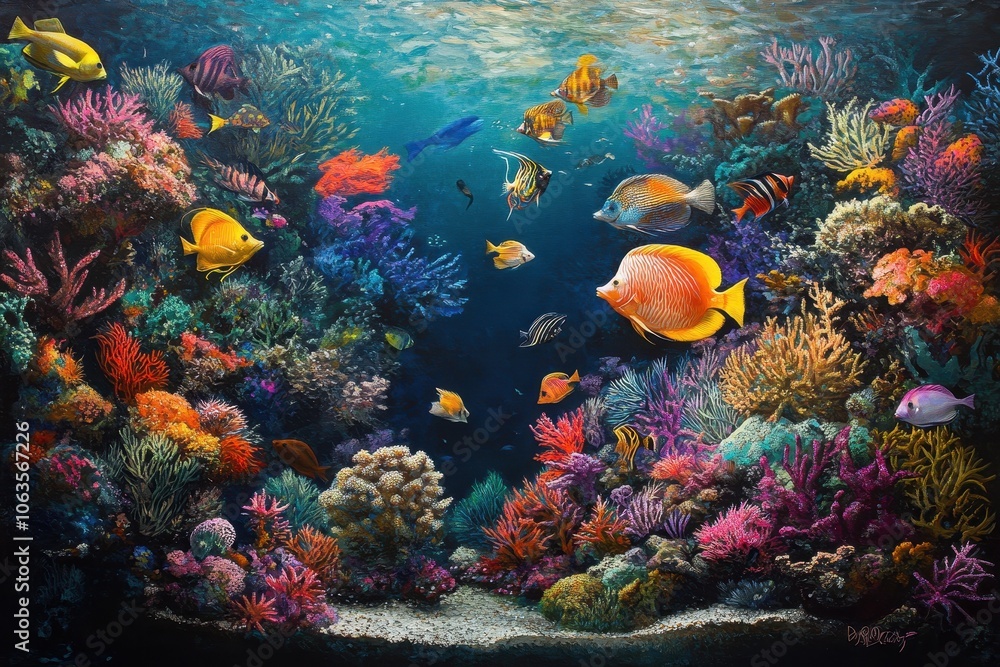 Obraz premium A tropical fish tank filled with fish of every bright color, swimming among equally colorful coral reefs