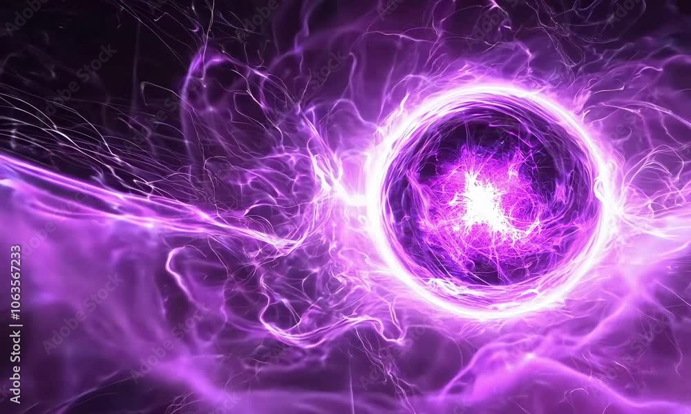 Abstract purple bright glowing background with a sphere core atom energy burning ball circle made of waves of energy rays