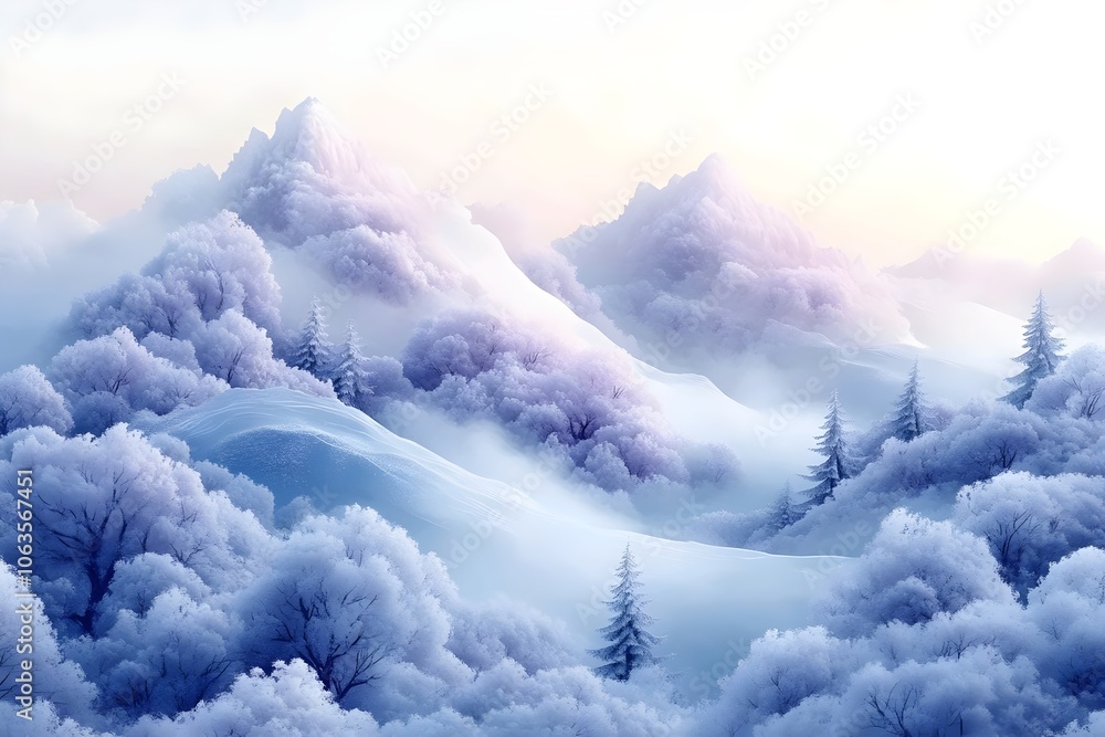 A serene winter landscape depicting majestic purple-hued mountains covered in snow, surrounded by frosty trees and soft pastel skies, evoking tranquility and calmness. A serene winter landscape depicting majestic purple-hued mountains covered in snow, surrounded by frosty trees and soft pastel skies, evoking tranquility and calmness.
