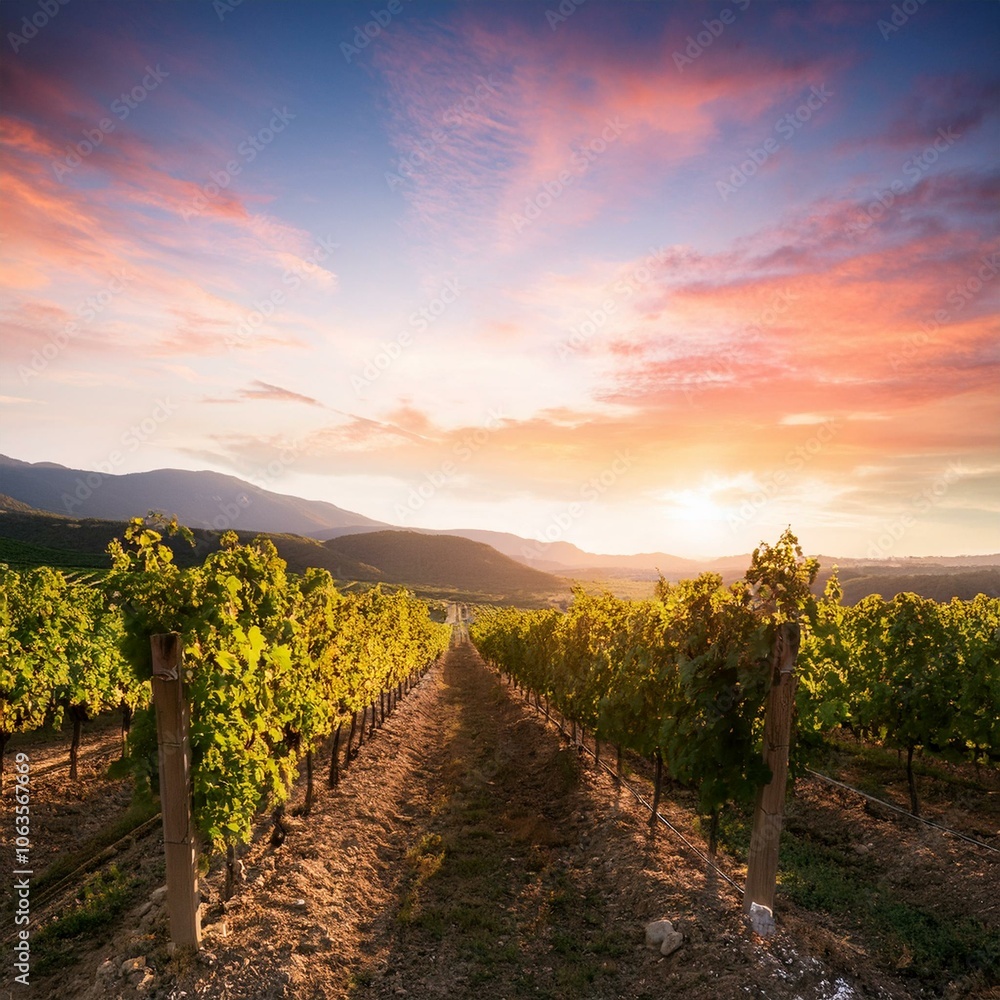 Fototapeta premium ブドウの収穫シーズン中の夕焼けに染まるブドウ畑。