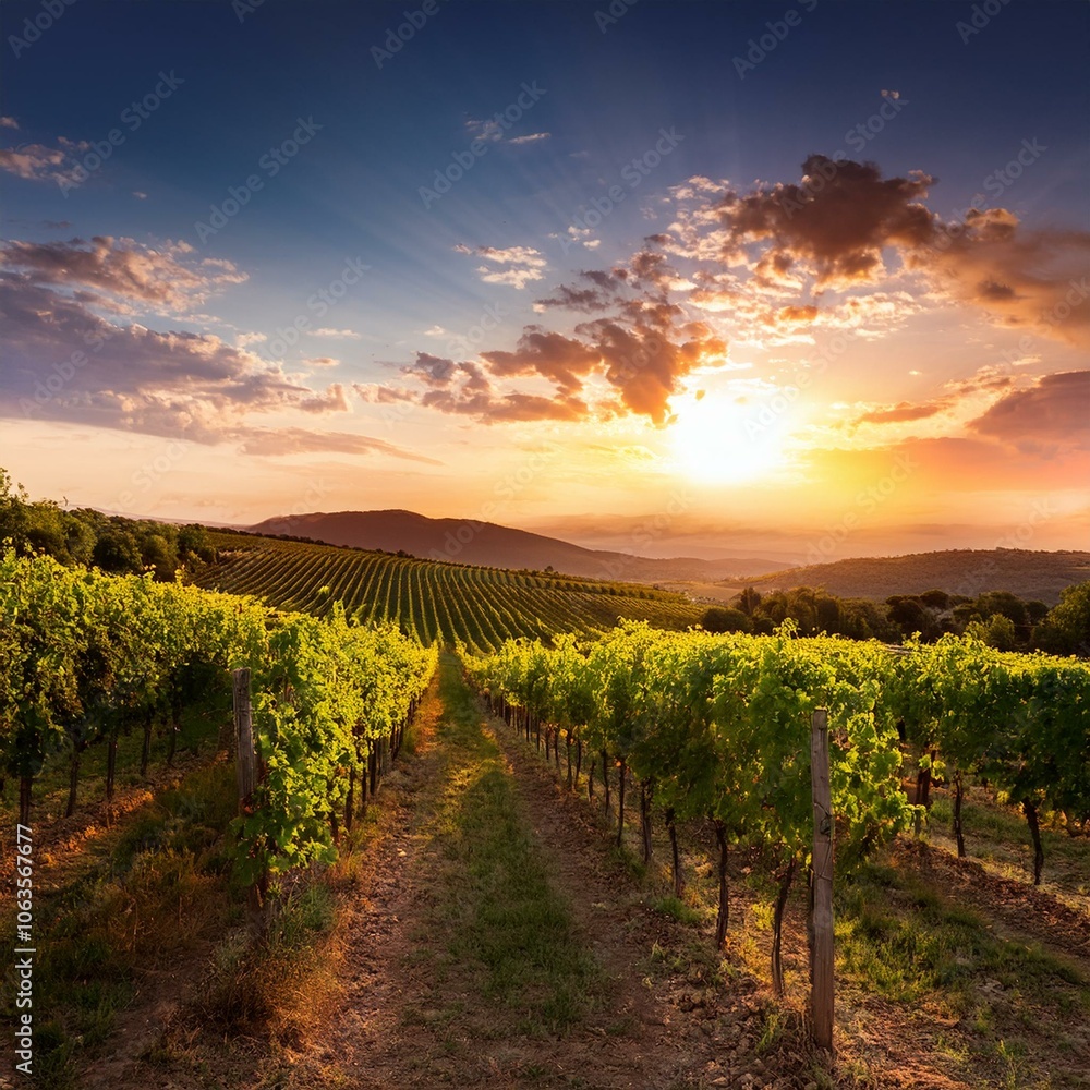 Naklejka premium ブドウの収穫シーズン中の夕焼けに染まるブドウ畑。