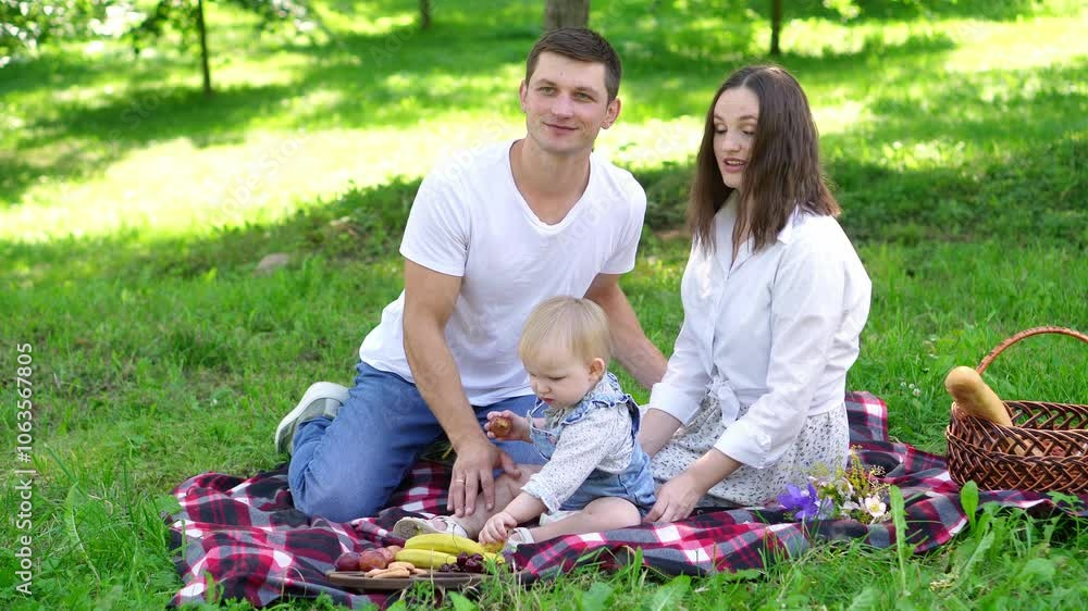 Cute baby girl sitting next to parents in park on picnic. Dad carefully touches baby hair, mom adjusts clothes, showing tender feelings. Parental care. Outdoor recreation in summer, family concept. Cute baby girl sitting next to parents in park on picnic. Dad carefully touches baby hair, mom adjusts clothes, showing tender feelings. Parental care. Outdoor recreation in summer, family concept.