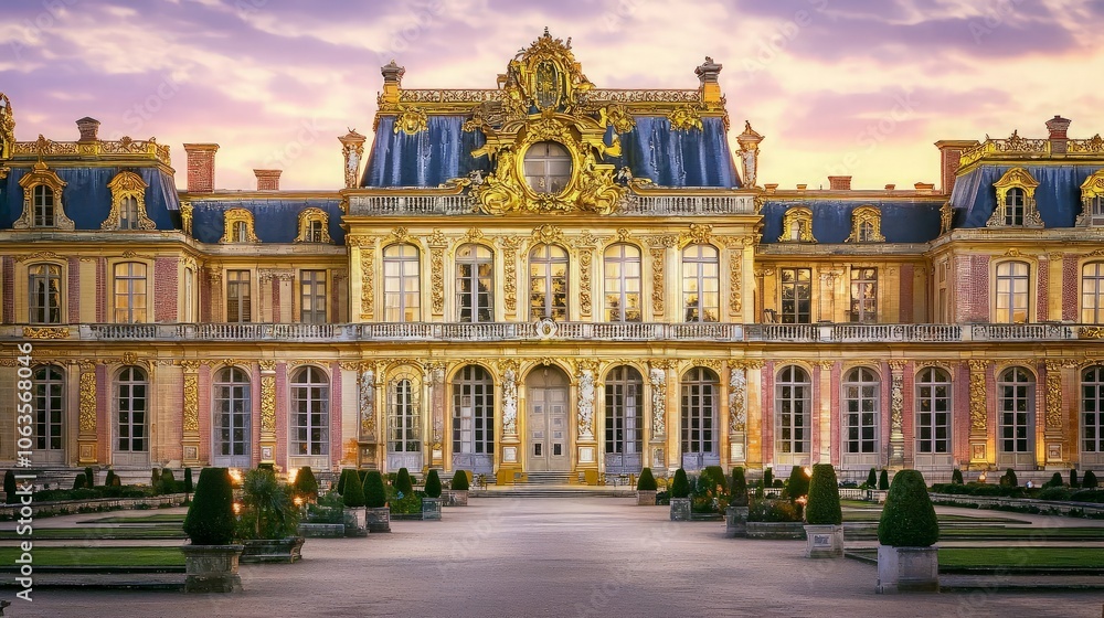 Naklejka premium A grand palace with golden details and a symmetrical facade, bathed in the warm glow of twilight.