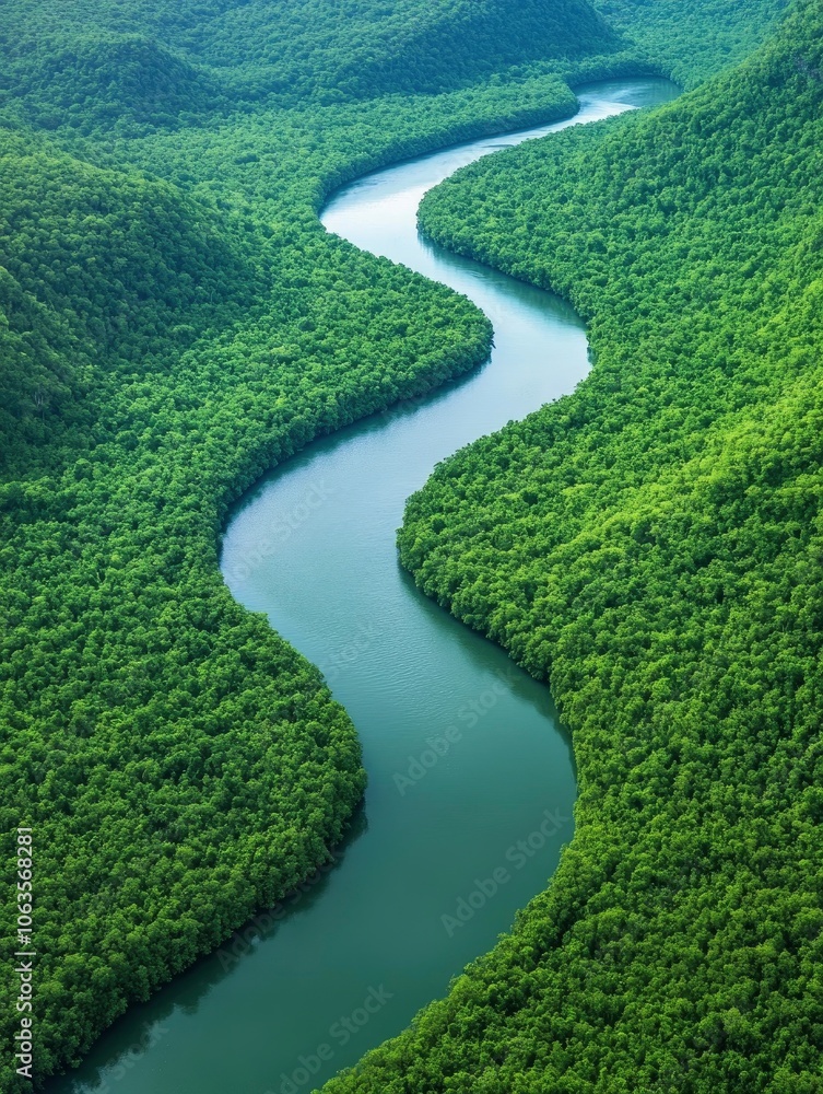 Aerial view of winding river through a green forest, natural soft light, professional photo Aerial view of winding river through a green forest, natural soft light, professional photo