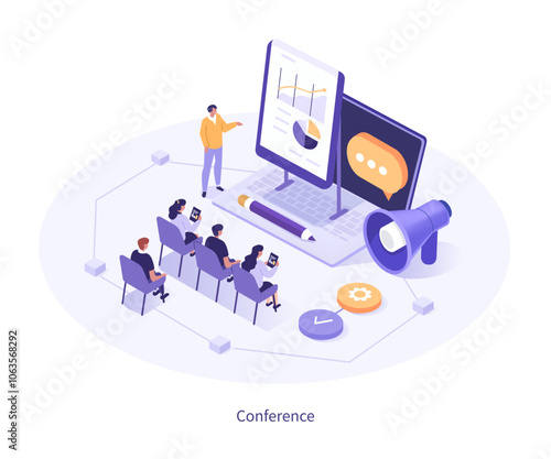 Presentation concept. Speaker coach speaking lecture before audience. Business meeting, training, conference infographic template. Flat isometric vector illustration.
