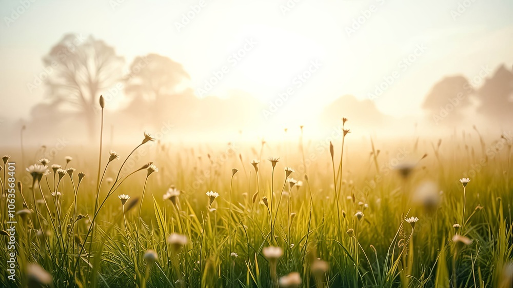 A gentle sunrise illuminates a field of delicate white wildflowers emerging from the morning mist. A gentle sunrise illuminates a field of delicate white wildflowers emerging from the morning mist.