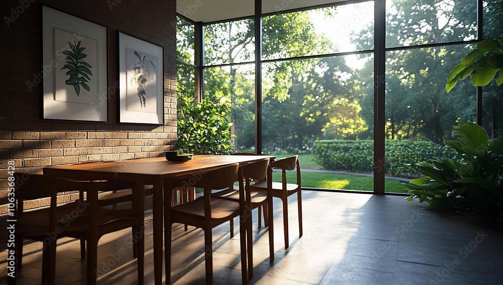 Obraz premium Modern dining room with large windows overlooking a lush garden.