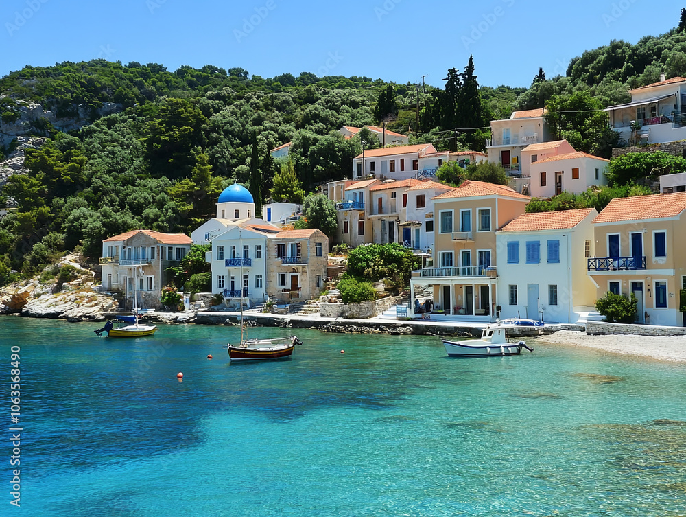 Obraz premium Picturesque Greek coastal village with colorful houses, boats, and clear blue water. serene atmosphere surrounded by lush greenery and hills