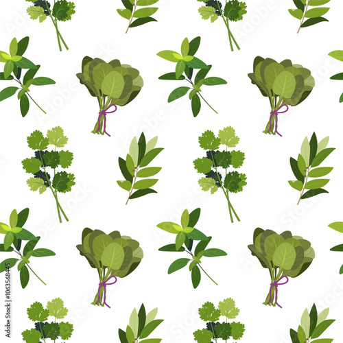 Cooking herbs and spice seamless pattern, Italian food and aroma herbs endless texture for wrapping design, hand drawn vector flat illustration on white. Spinach, mint, bay leaf, coriander, cilantro.