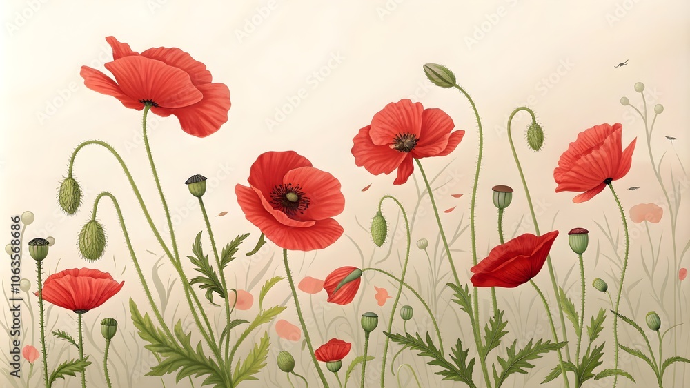 Fototapeta premium Red Poppy Flowers in Bloom Cycle, Symbol of Growth and Beauty Isolated on Transparent Background 