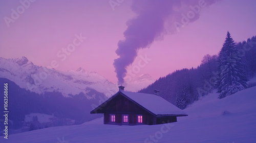 cozy mountain cabin in snowy Swiss Alps, with smoke rising from chimney against beautiful purple sky. serene winter landscape evokes warmth and tranquility