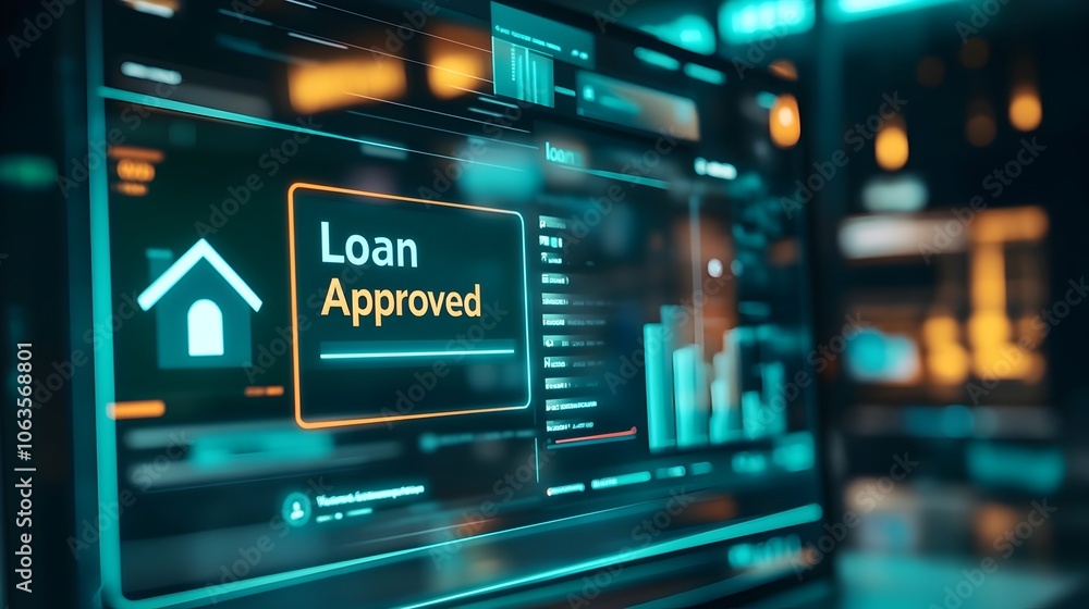 Digital Dashboard Displaying Approved Mortgage Loan with House Icon Digital Dashboard Displaying Approved Mortgage Loan with House Icon
