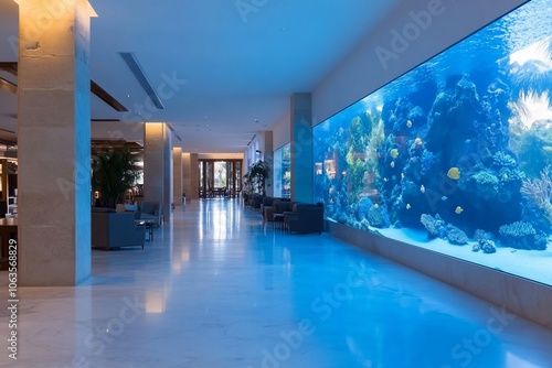 Modern hotel lobby with large aquarium. photo