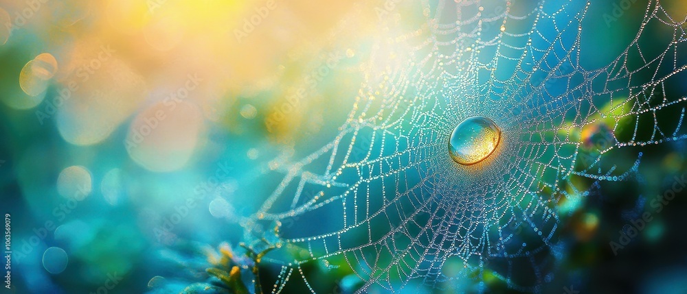 Capture the beauty of morning dew on a spider web in nature's splendor Capture the beauty of morning dew on a spider web in nature's splendor