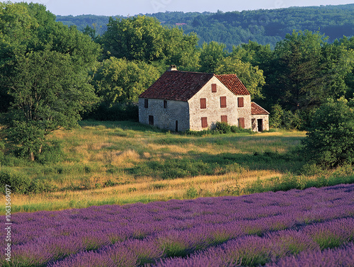 serene landscape featuring rustic stone house surrounded by lush greenery and vibrant field of blooming lavender. tranquil scene evokes sense of peace and natural beauty