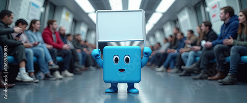 Wallpaper Mural A blue robot is holding a sign in a crowded subway car. The robot is looking at the camera with a surprised expression. The scene is meant to be humorous and lighthearted Torontodigital.ca