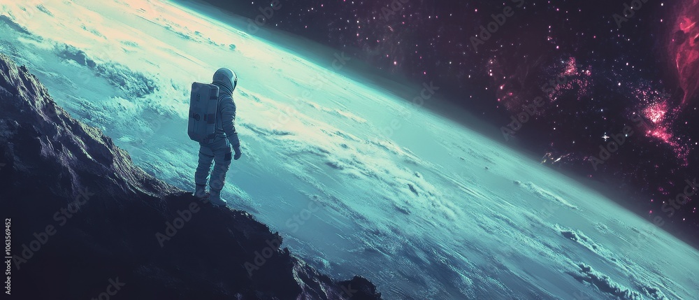 Astronaut in spacesuit gazes at earth from outer space, capturing the beauty of our planet Astronaut in spacesuit gazes at earth from outer space, capturing the beauty of our planet