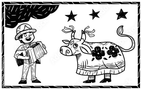 Black and white illustration of a Brazilian Bumba Meu Boi celebration, featuring an accordion player and decorated ox under stars. Highlights traditional folk culture and festivities.
