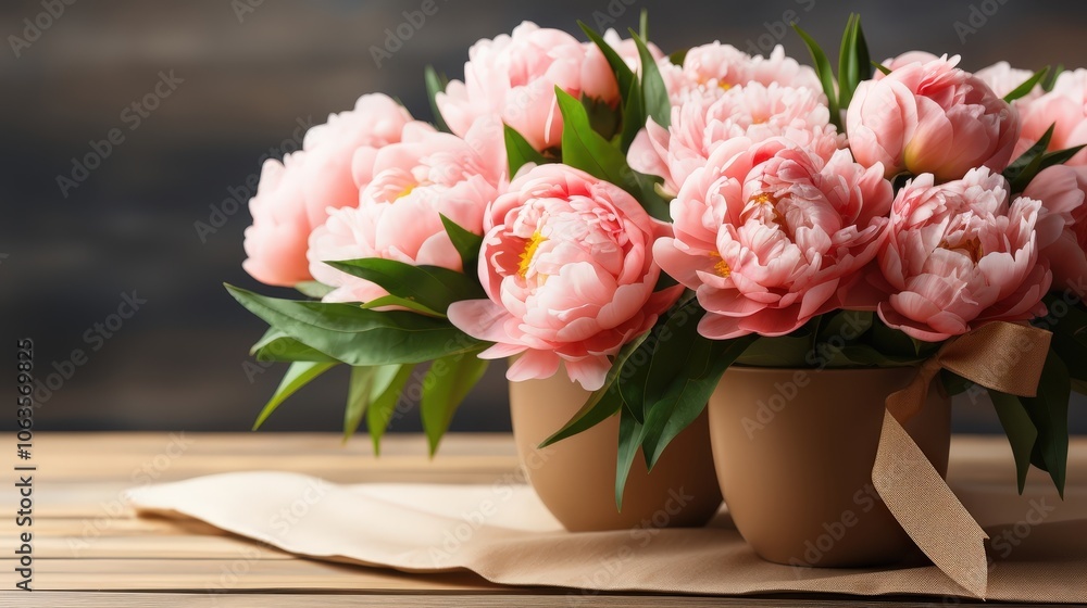 A bouquet of delicate pink peonies in rustic terracotta pots sits on a wooden surface, surrounded by soft, natural light. A bouquet of delicate pink peonies in rustic terracotta pots sits on a wooden surface, surrounded by soft, natural light.