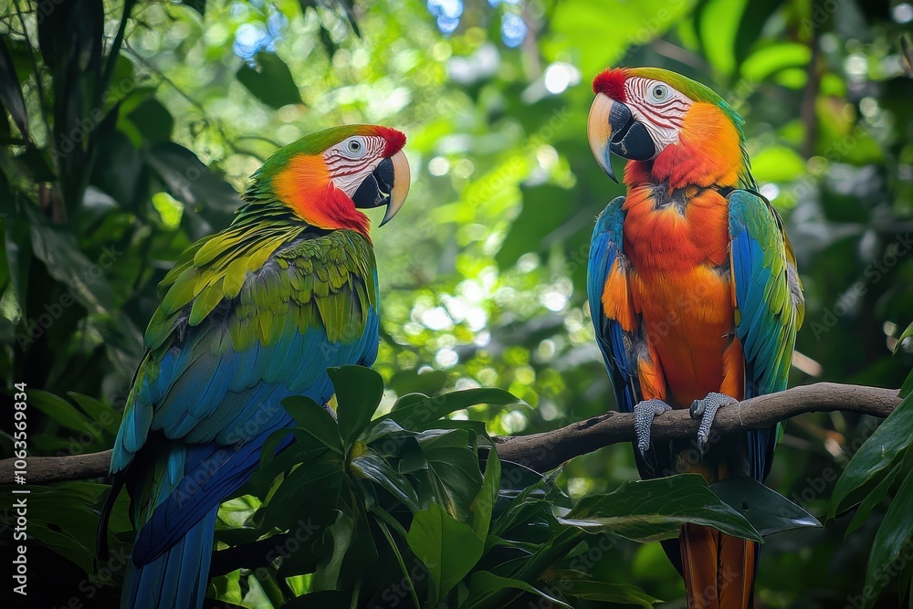 Obraz premium A tropical rainforest with lush green foliage and brightly colored exotic birds