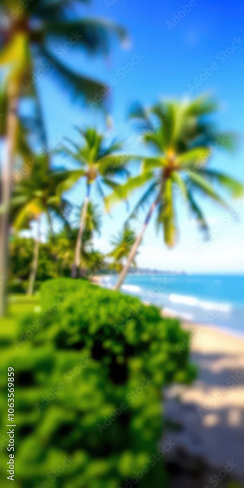 Blurry nature bokeh background with lush green park by the beach and tropical coconut trees, park Blurry nature bokeh background with lush green park by the beach and tropical coconut trees, park