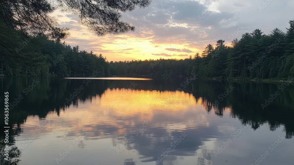 Breathtaking four-taking sunset reflecting on serene lake surrounded by lush forests Breathtaking four-taking sunset reflecting on serene lake surrounded by lush forests