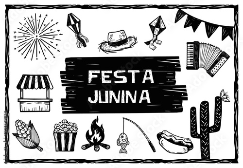 Woodcut style set of Festa Junina icons, including bonfire, corn, accordion, fireworks, and more. Celebrates traditional Brazilian June festival culture
