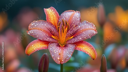 Close-up of a single orange lily flower covered in dew drops. photo