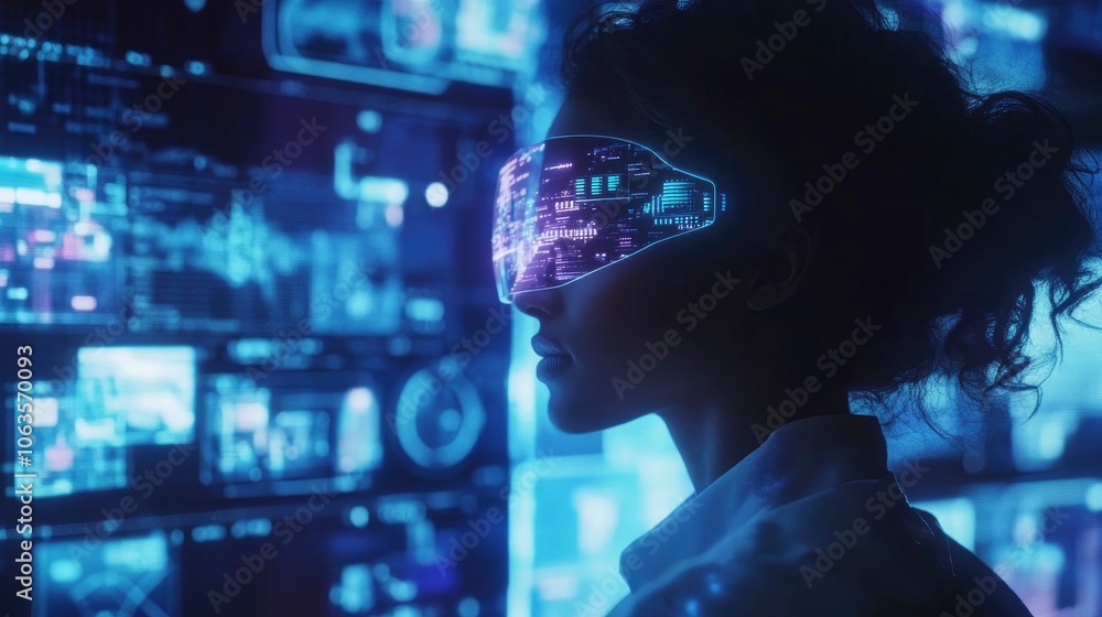 A person working in a high-tech, futuristic workspace, holographic screens and displays A person working in a high-tech, futuristic workspace, holographic screens and displays