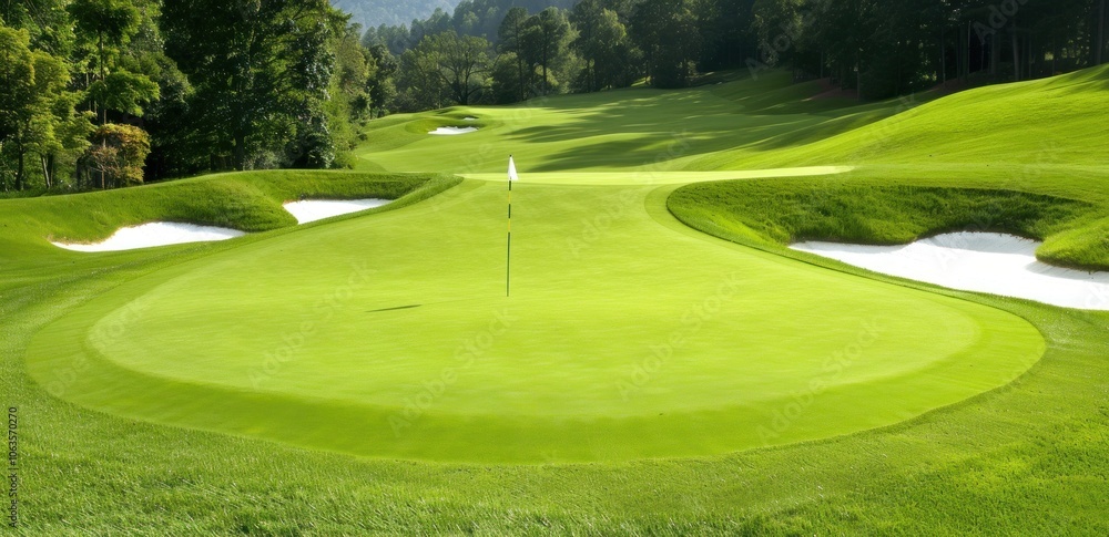 Naklejka premium Scenic golf course with lush greenery and manicured fairways in a serene landscape