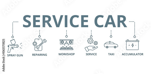 Banner SERVICE CAR concept ,Spray gun, Repairing, Workshop, Service, Taxi, and Accumulator with keywords and icons