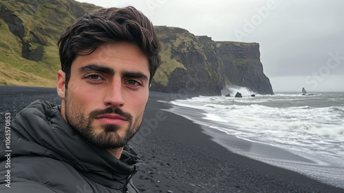 man stands on black sand beach in Iceland, with dramatic cliffs and ocean waves in background, capturing beauty of nature