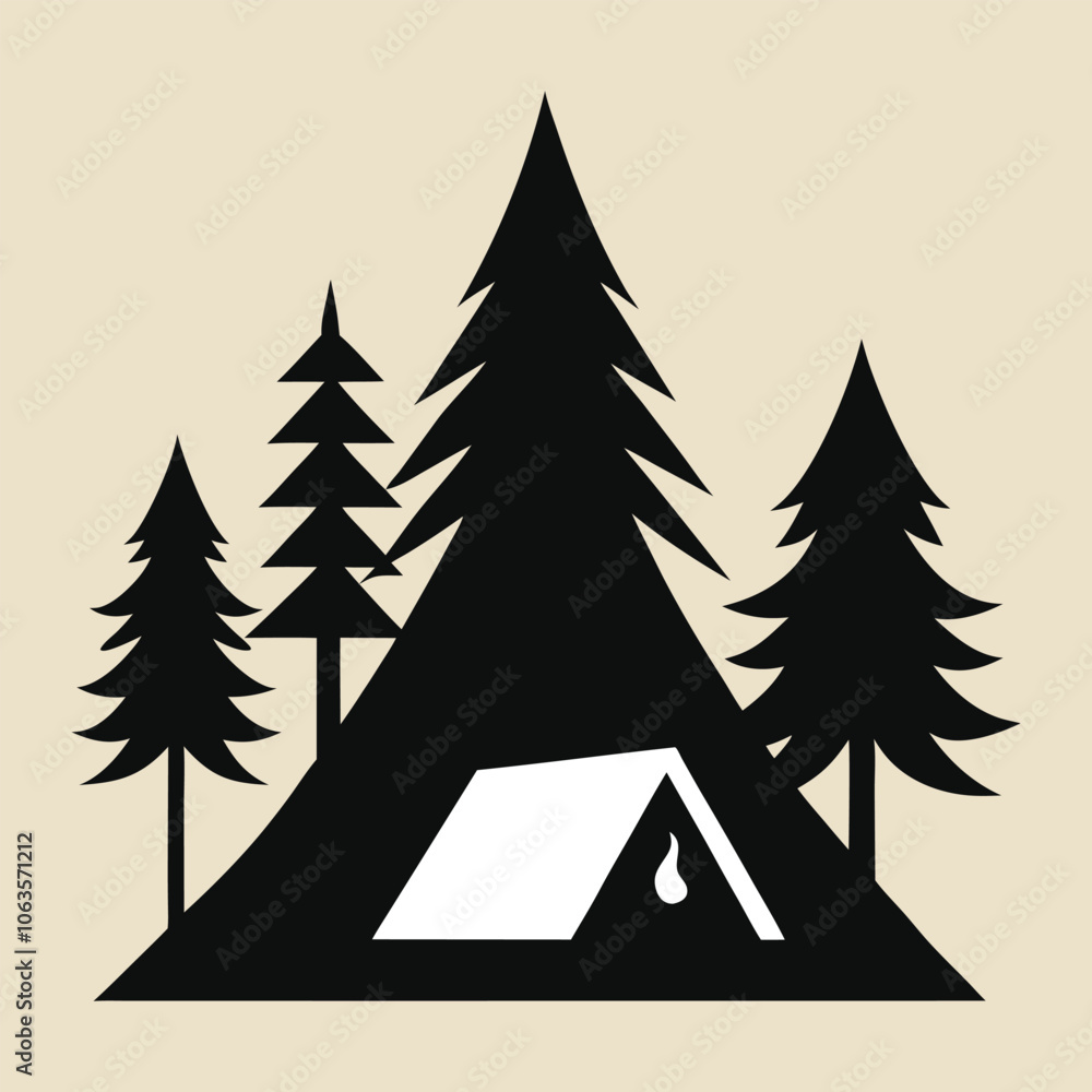 Obraz premium Silhouette of a Camping Scene with Tent Campfire and Pine Trees