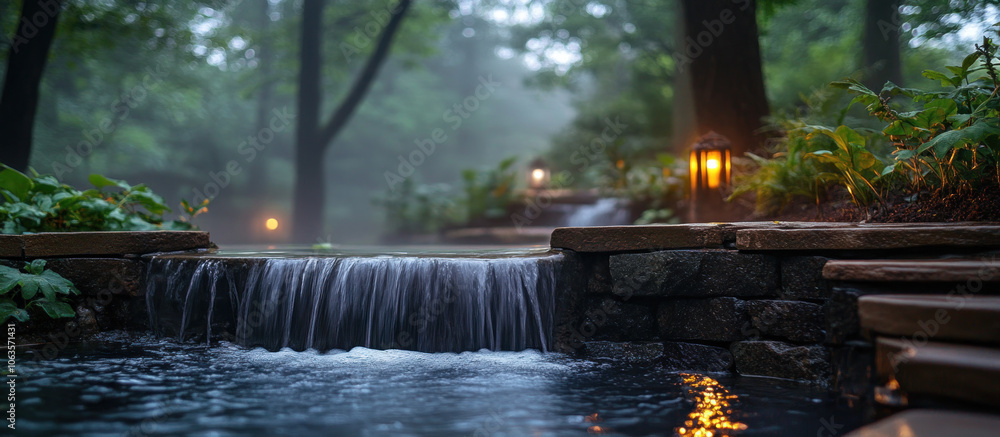 Fototapeta premium Serene Small Waterfall in Misty Forest Setting