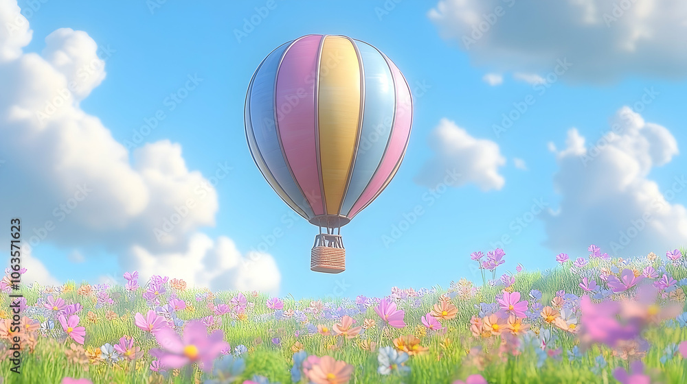 Naklejka premium A colorful hot air balloon floats over a field of wildflowers on a sunny day.