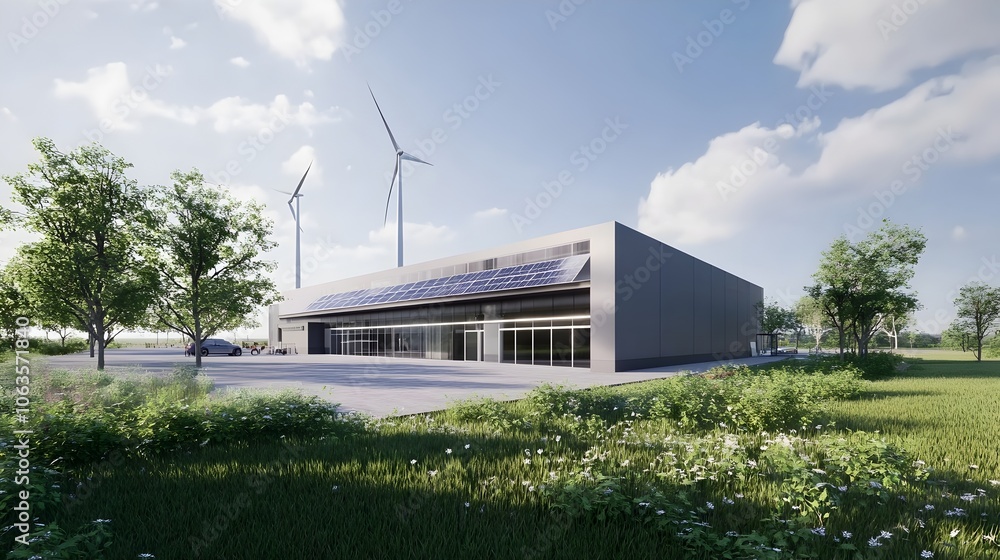 Eco-Friendly Green Energy Facility with Solar Panels and Wind Turbines,Showcasing Sustainable Eco-Friendly Green Energy Facility with Solar Panels and Wind Turbines,Showcasing Sustainable